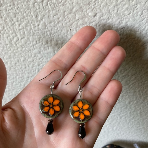 Handmade Jewelry - Handmade Czech Orange Flower Glass Drop Earrings